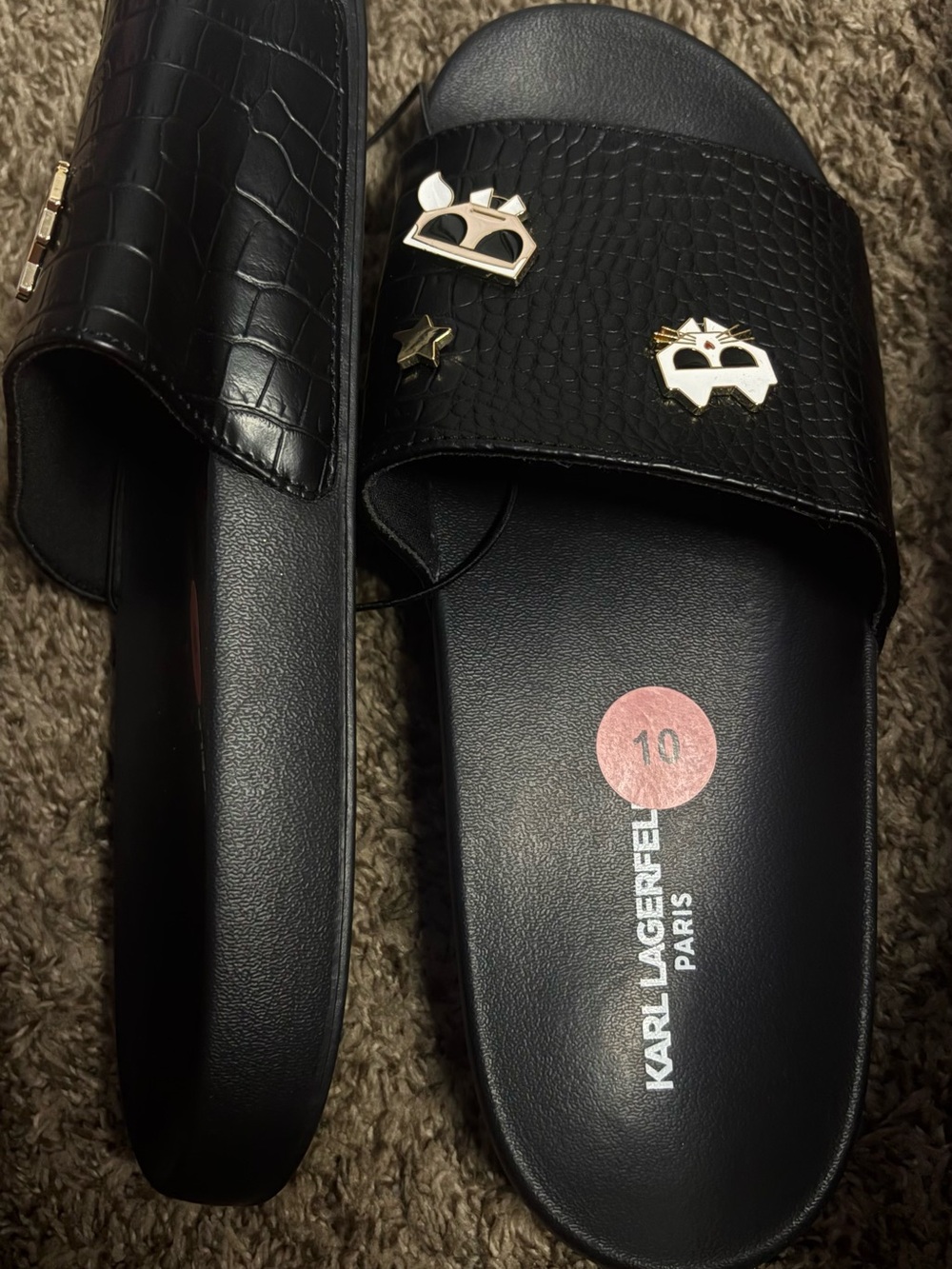 KARL LAGERFELD Women’s Black Slide Sandals with Metal Stud Accents